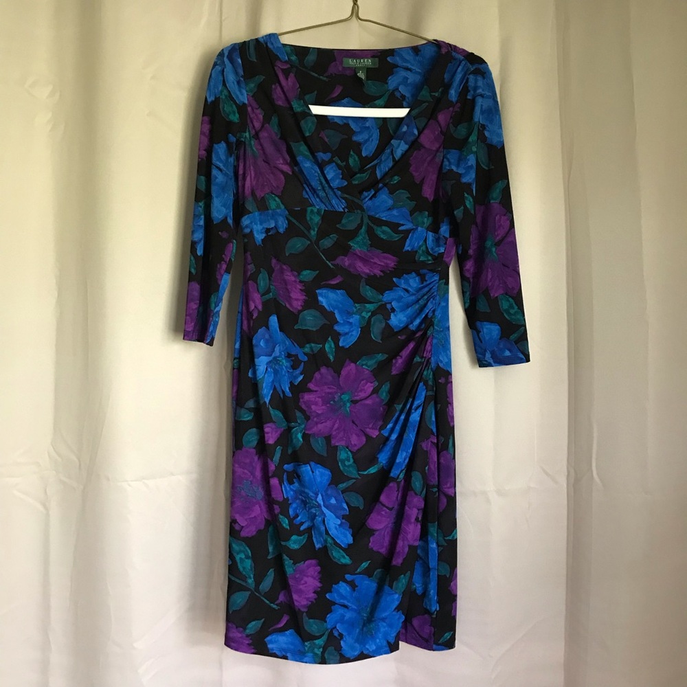Ralph Lauren Black Floral Jersey Dress 3/4 Sleeve